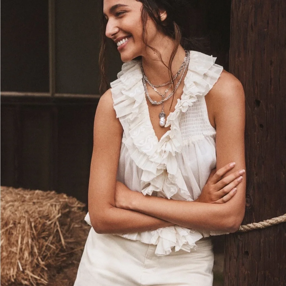 BNWT Anthropologie Sheer Ruffle Elegant Cream Ruffled Sleeveless Top - L - Picture 2 of 16